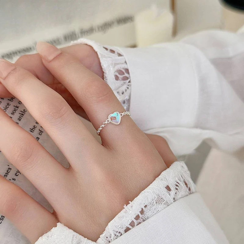 خاتم حقيقي من الفضة الإسترليني عيار 925 على شكل قلب وحجر القمر قابل للتعديل للسيدات الساحرة وإكسسوارات مجوهرات راقية عصرية رائعة