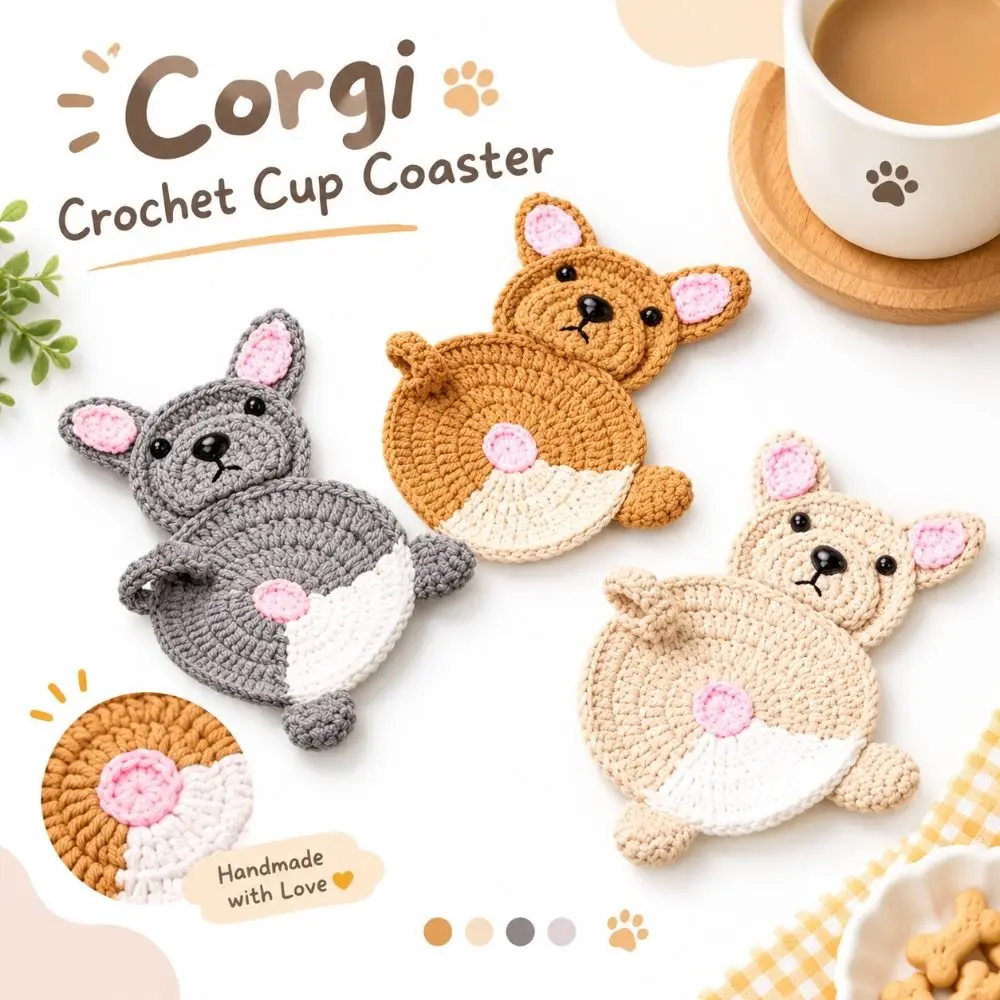 New Handmade Corgi Crochet Cup Coaster Dog Shape Crochet Crochet Coaster Insulated Crochet Cup Mat Table Decor