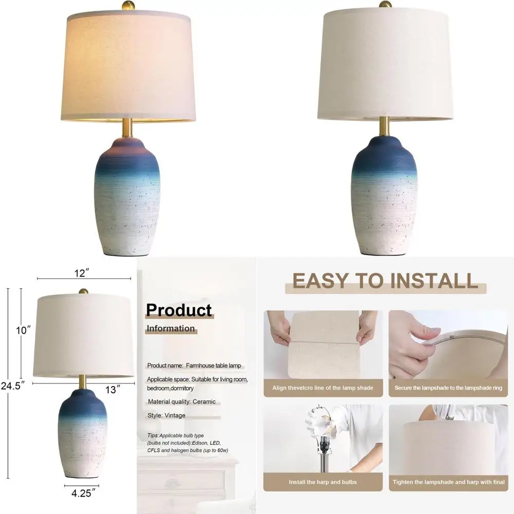 

Vintage 24.5 Ceramic Table Lamp - 5FT Cord, Rustic Farmhouse Style, Natural Texture Finish, Ideal for Bedside, Living Room, Bedr