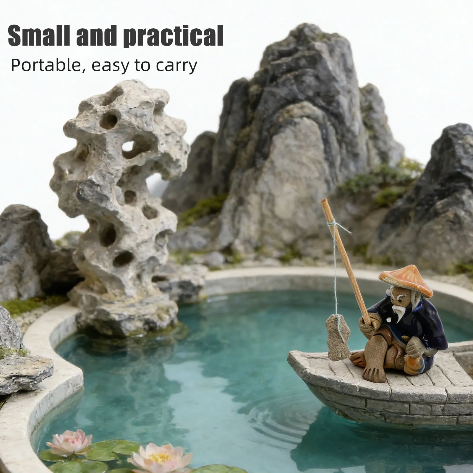 Ceramic Bonsai Fisherman Statue Mini Sitting Fishing Sculpture Asian Inspired Micro Landscape Ornament Garden Fish Tank