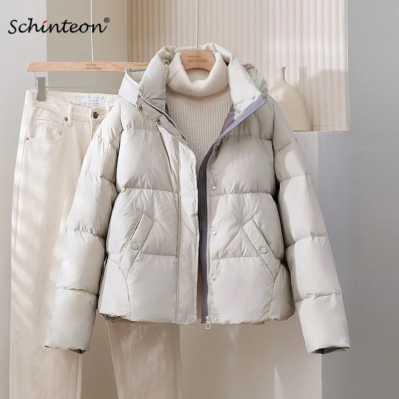 

Schinteon Women Down Jacket Casual Loose Over Size Thick Warm Autumn Winter Outwear White Duck Down Coat Stand Collar 2024 New