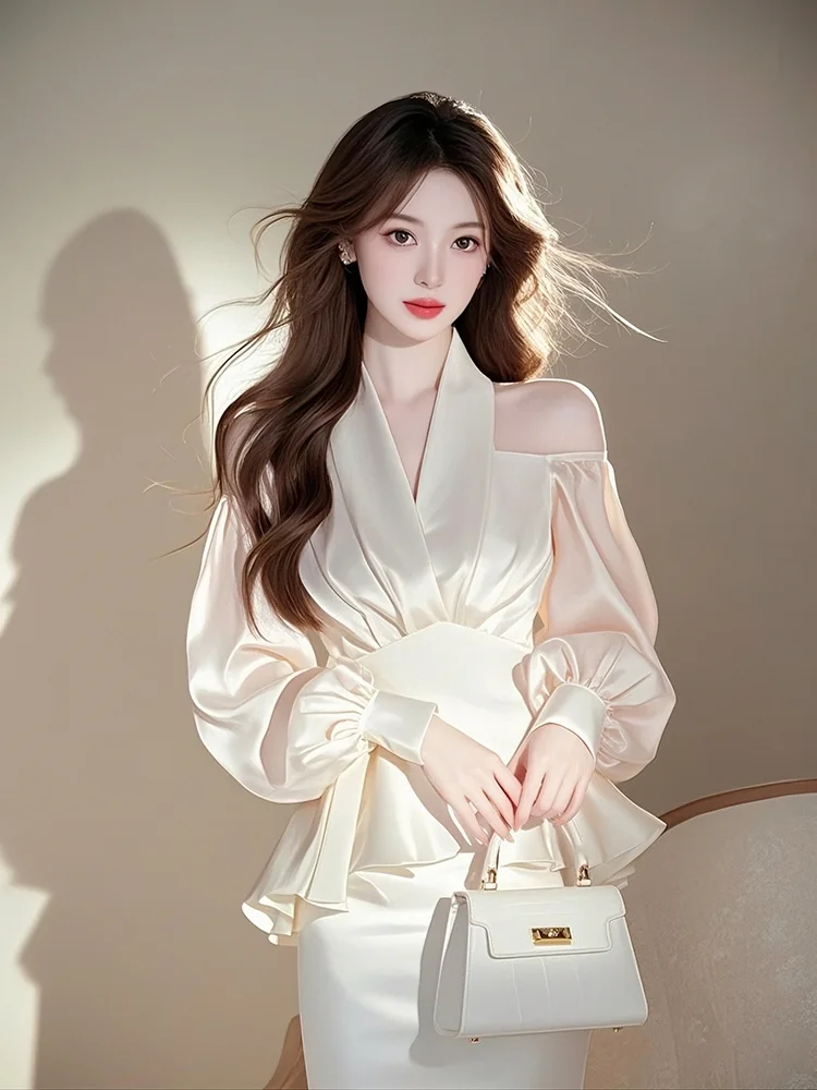 

2025 Spring White Satin Halter Off Shoulder Blouse for Women Stylish Unique Design Chic Aesthetic Elegant Fashionable Shirt Top