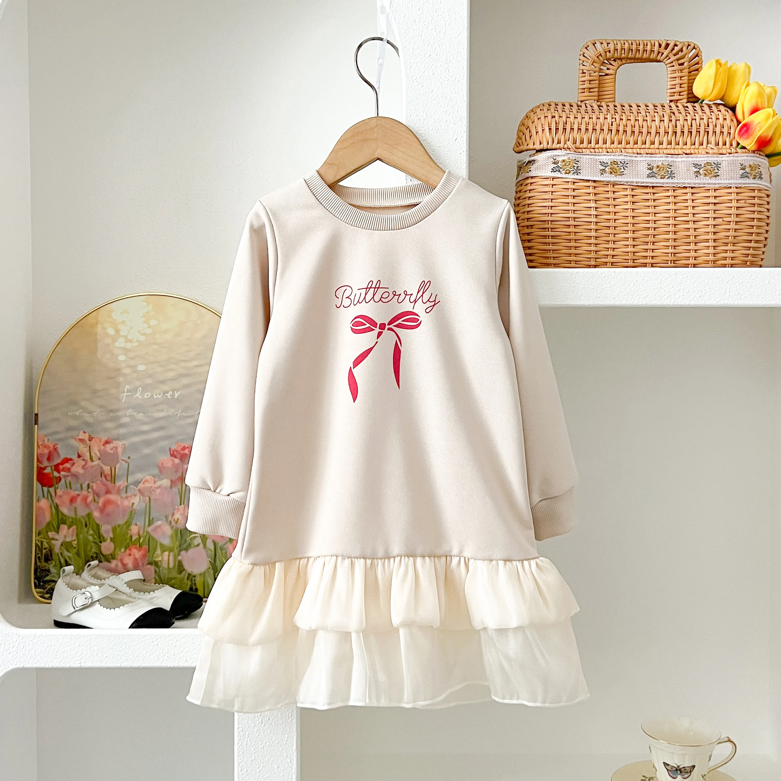 Girl Casual Dress New Fashion Bow Print Stitching Layered Yarn Hem Long Sleeve Sweat Dress  Girls Vestidos for 3-7Y