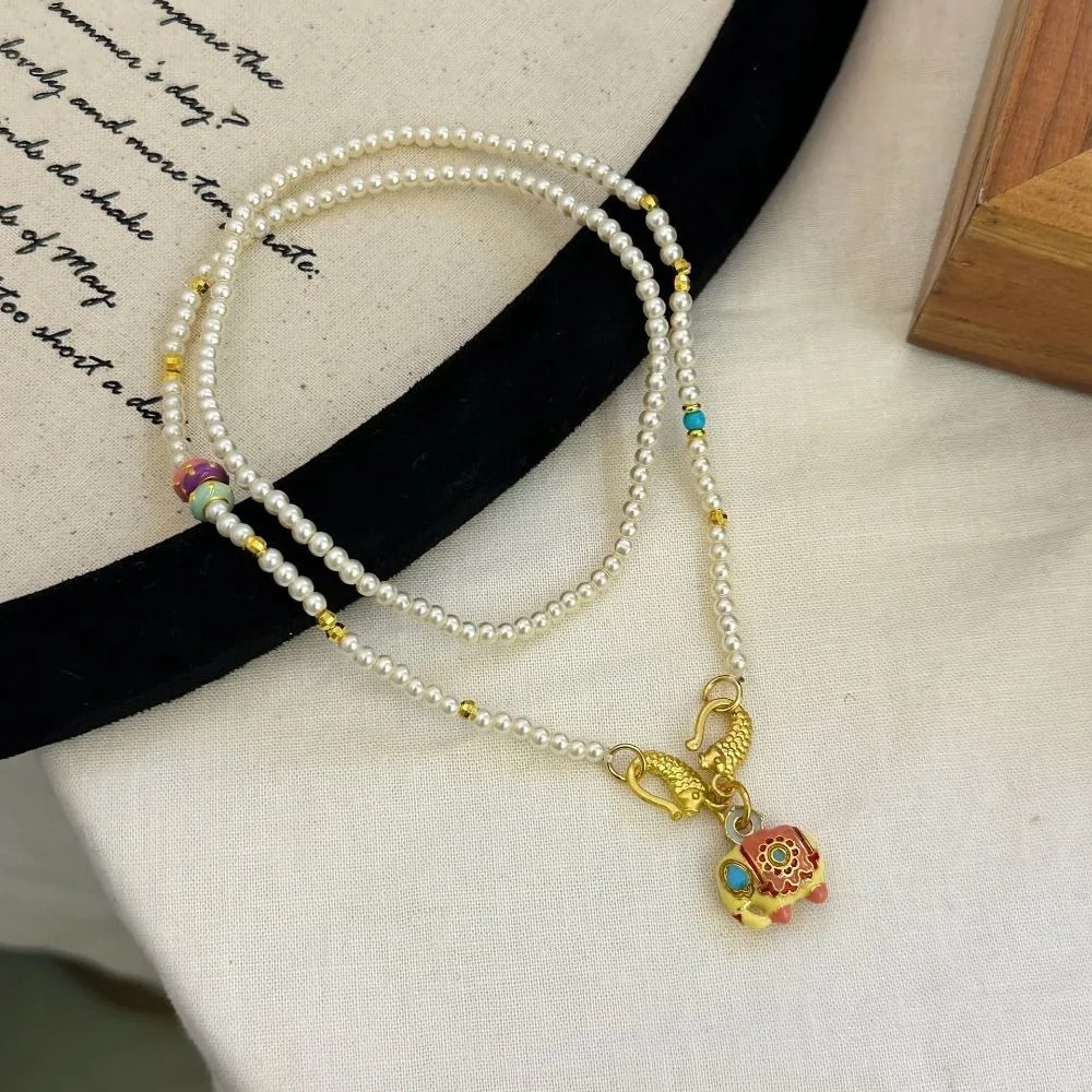 

Fashion Metal Bohemian Elephant Necklaces Pearl Cartoon Beads Chain Necklaces Neck Jewelry Lucky Choker Necklace Vacation