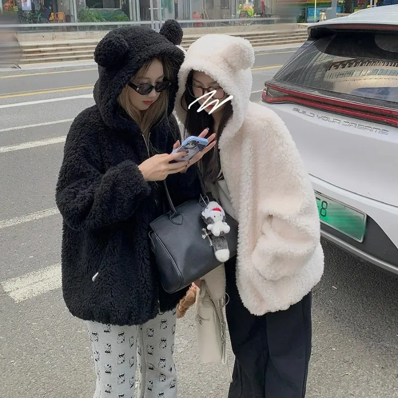Bear Ear Hoodie Women's Casual Oversized Hoodie Coat Winter Thick Warm Zip Up Hoodie Sweatshirt Y2k Harajuku Streetwear Women