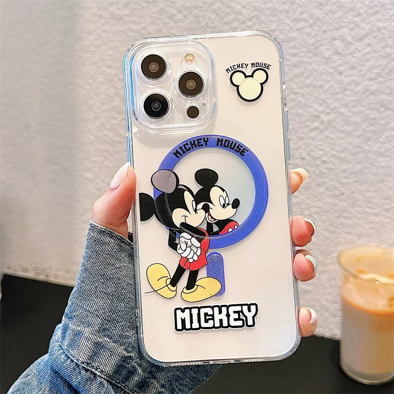 Disney Clear Mickey Minnie Mouse etui na iPhone 14 13 12 11 15 Pro Max do magnetycznej bezprzewodowej animacji ładowania