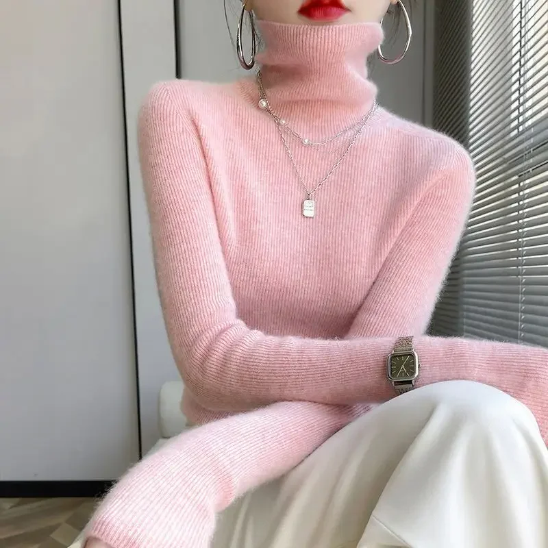 

Autumn Winter Fashionable Polo Collar Solid Color Top Slimming High Collar Sweater Women's Overhead Knitted Shirt Tight Fit