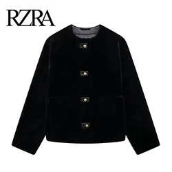 RZRA2024 Winter New Women's Round Neck Long Sleeve Black Faux Fur Effect Jacket Temperament Versatile Button Decoration