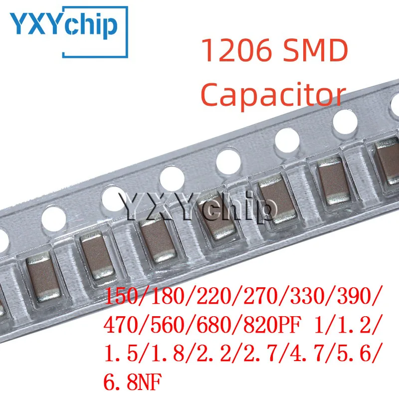 50pcs 1206 SMD Capacitor 150/180/220/270/330/390/470/560/680/820PF 1/1.2/1.5/1.8/2.2/2.7/4.7/5.6/6.8NF NPO C0G ±5% 1000V 2000V