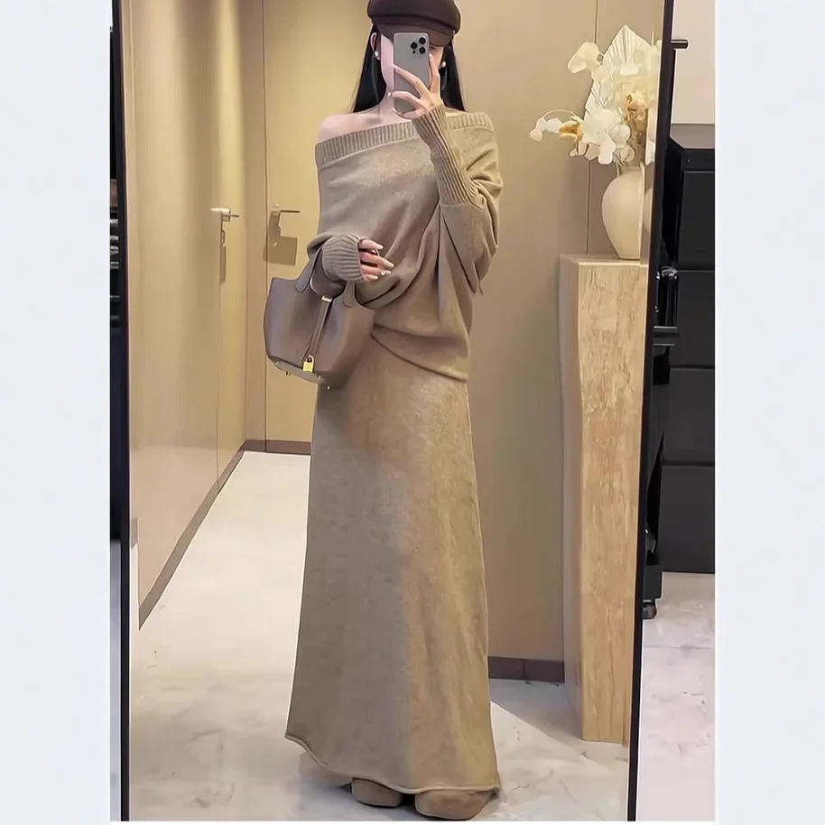 

2025 Autumn and Winter New Sweater Set Women's Elastic Casual Loose Solid Color Diagonal Neck Knitted Two-piece Skirt Set