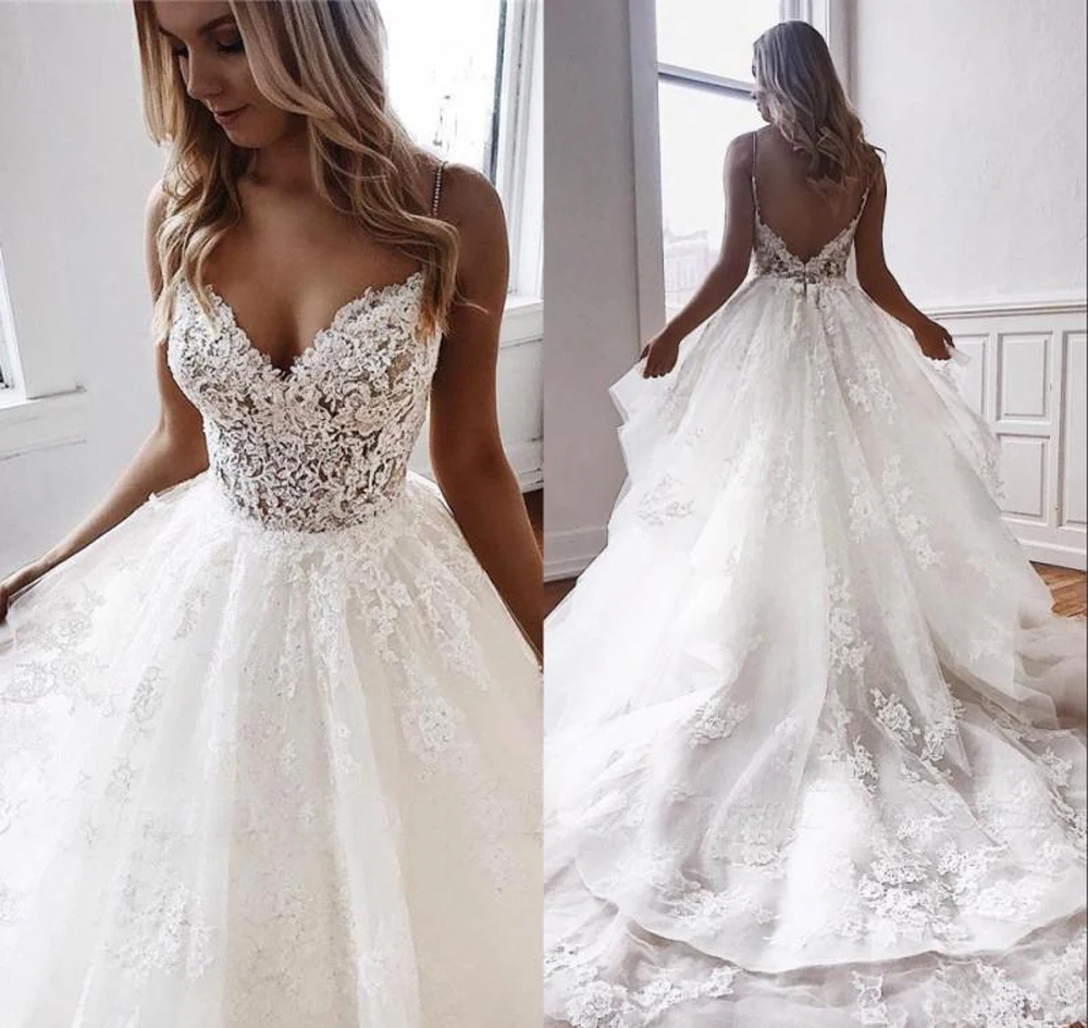 Lace Ruffle Tulle Wedding Dresses Spaghetti Straps Zipper Backless Court Train Bridal Gowns Custom Made Vestidos De Novia