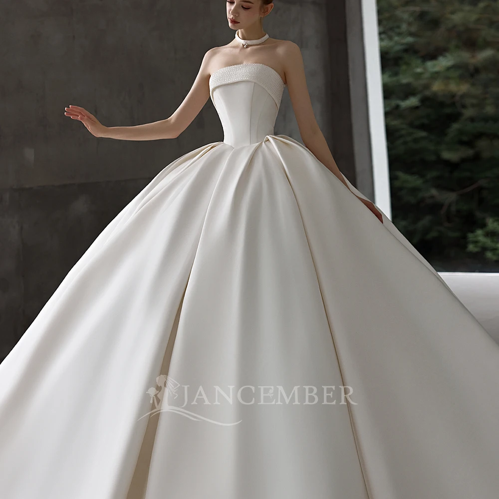 Simple Ivory Satin Ball Gown Customized Wedding Dress Strapless Corset Floor Length Wholesale Chapel Train vestidos de novia bod