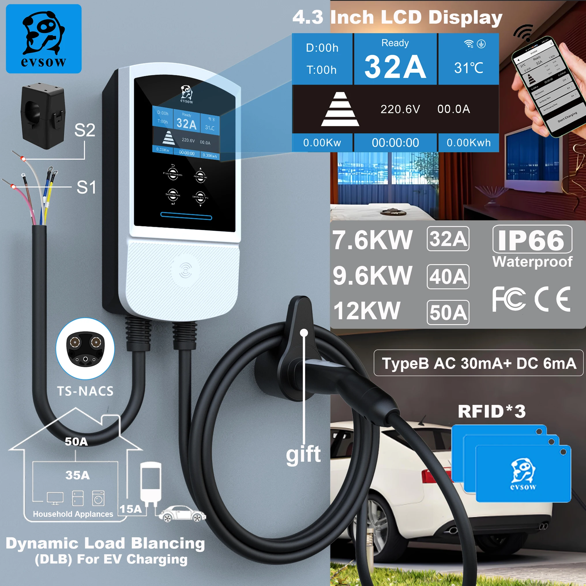 

evsow EV Charging Station For Tesla Dynamic Load Blancing WIFI 32A 1P Electric Car Charger 7KW 9.6KW 12KW EVSE Wallbox Station