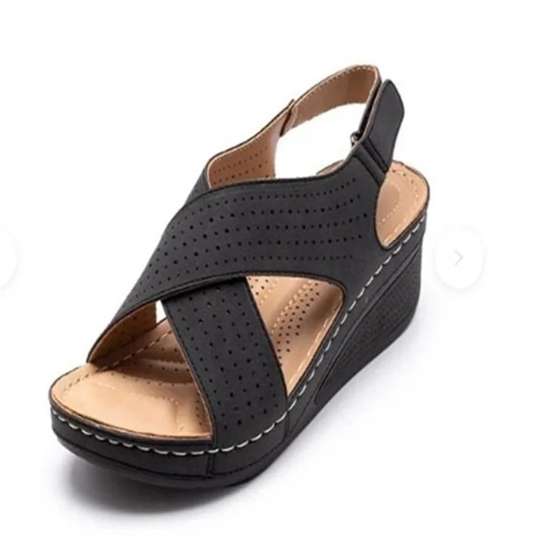 Socofy-sandalias de cuña huecas para mujer, zapatos informales de talla grande 44, Retro, para verano, 2024