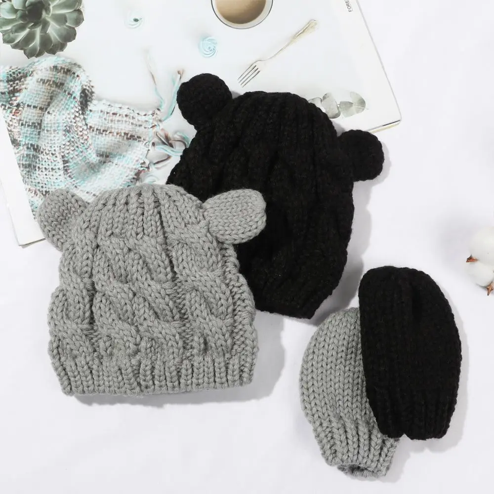 Windproof Fleece Lining Cute Pom pom Hat Gloves Set Children Cap Baby Winter Beanie Newborn Knitted Hats