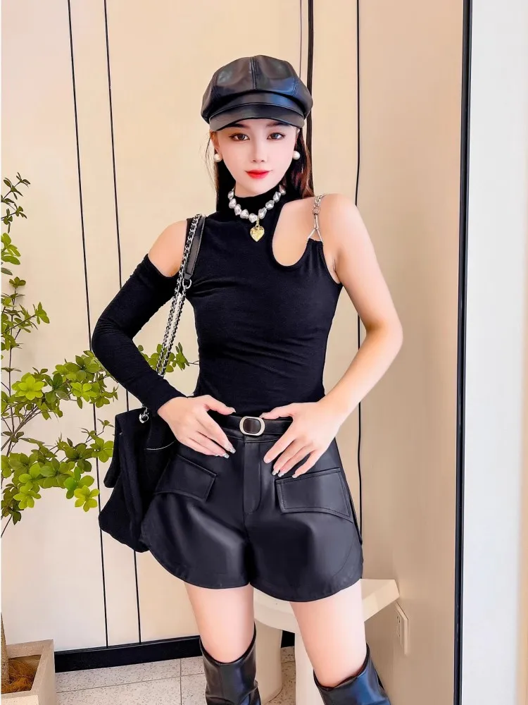 여성 하이웨이스트 와이드 레그 숏츠 신상 2024 봄 여름 캐주얼 스트릿웨어 여성 블랙 양가죽 정품 가죽 카고 숏츠