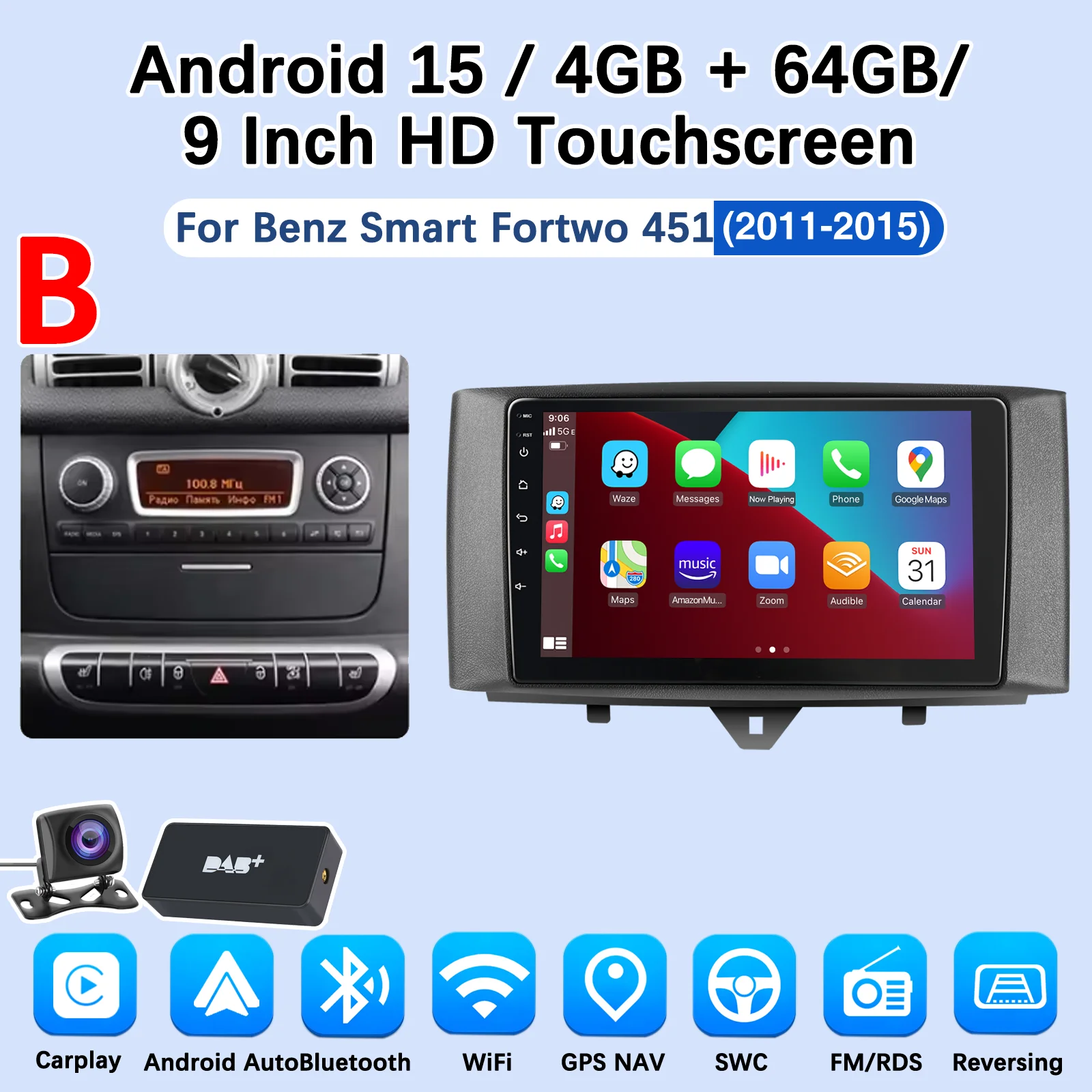 MOPECT 9 Zoll für Mercedes Benz Smart Fortwo 451 2005-2015 Apple CarPlay Android Auto Radio GPS FM WiFi BT AM Multimedia DAB+ DVR
