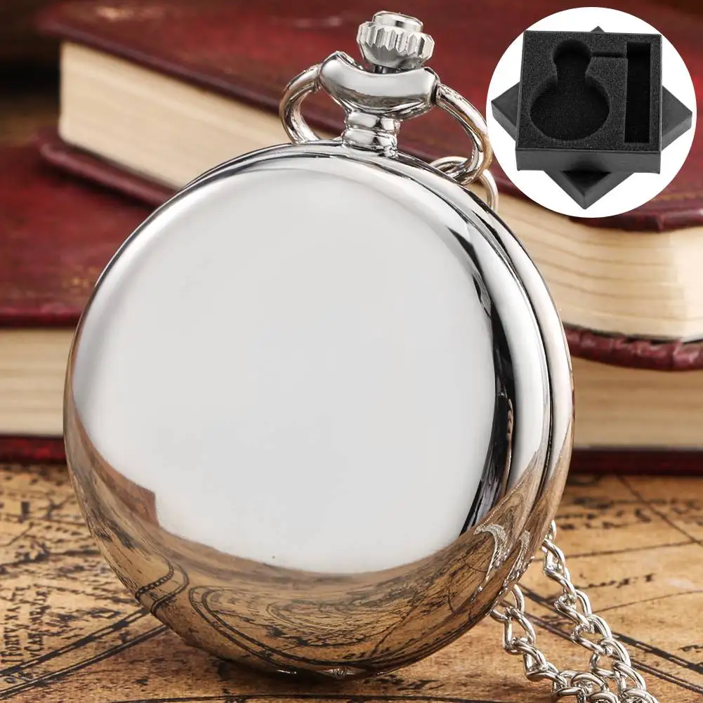 Silver Polishing Smooth Double Cover Quartz Pocket Watch Arabic Numerals Dial Necklace Pendant Fob Chain Pocket Timepiece Gift
