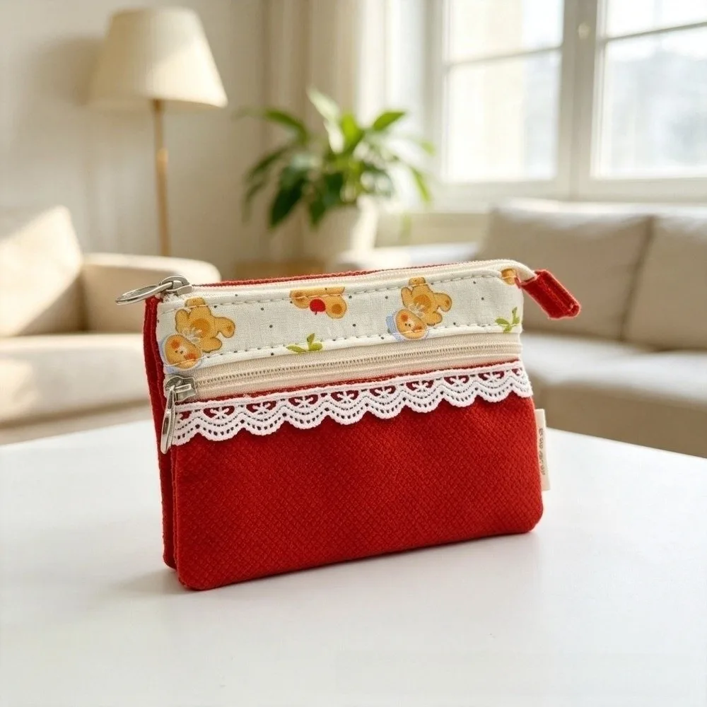 Cute Cartoon Bear Coin Purse Multi-Layer Waterproof Card Holder Zipper Short Wallet for Women