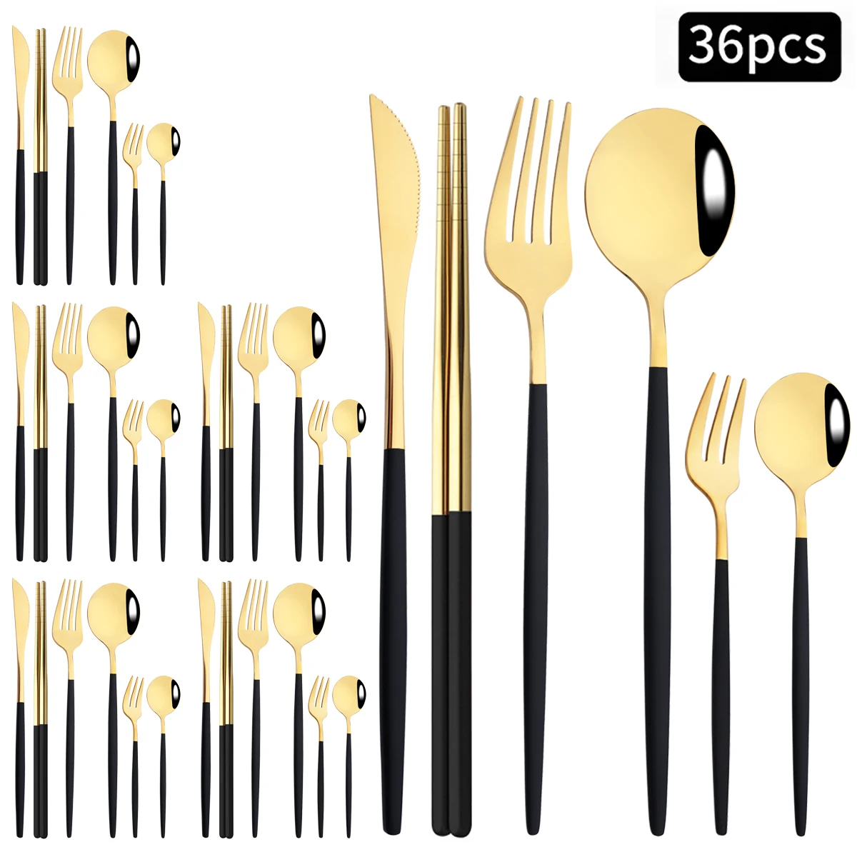 36pcs Black Gold Cutlery Set Knife Fork Spoon Chopsticks Dinnerware Set Stainless Steel Cake Forks Teaspoons Tableware Flatware