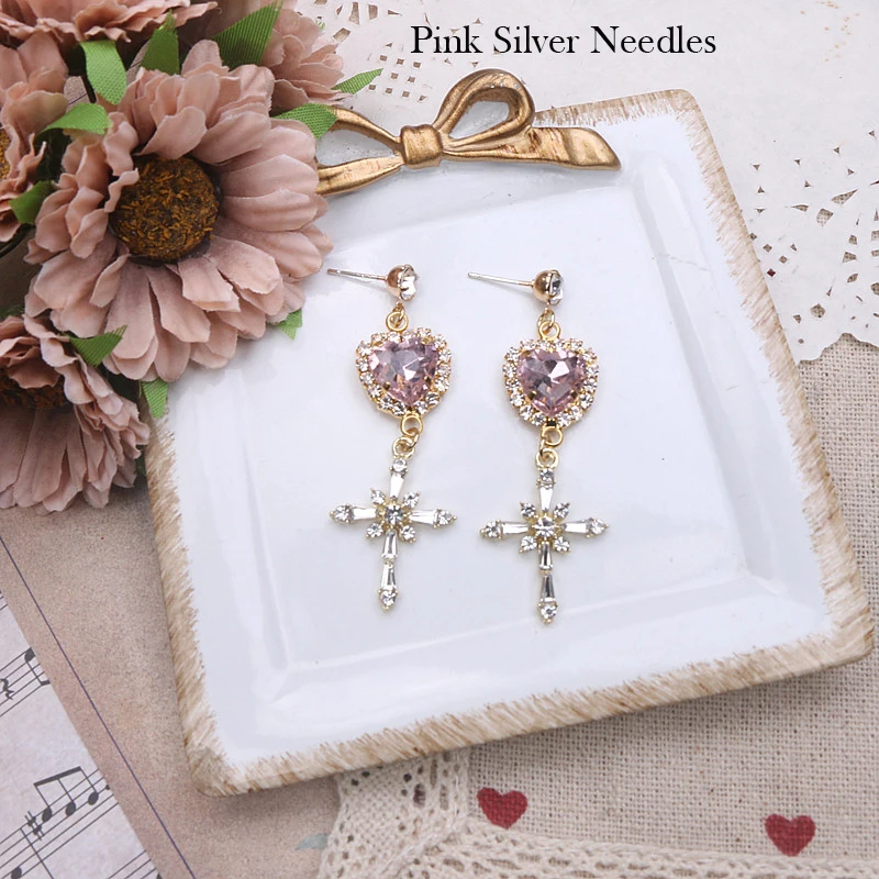 Y2K Cross Tassel Hang Lolita Earrings Korean Japanese Soft Girl Earring Elegant Cross Drop Clip for No Ear piercing Earrings