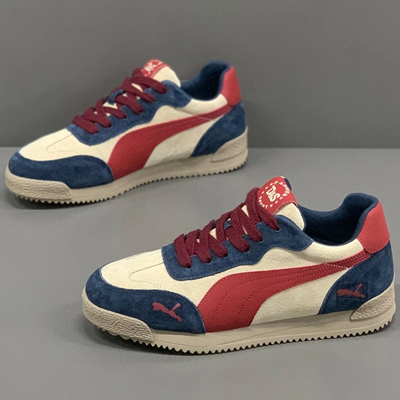 Men Beige Red Retro Sneakers Suede Upper Lace Up Lightweight Flat Sole Casual Walking Shoes Classic Trendy Street Footwear