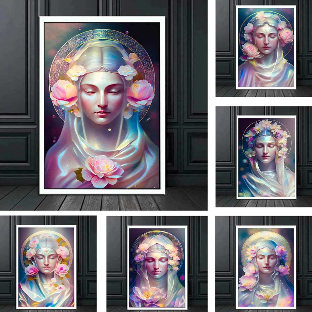 Christian Virgin Mary Character Posters Prints Lotus Statue Canvas Painting Wall Art Cuadros Bible Christian Believer Home Decor