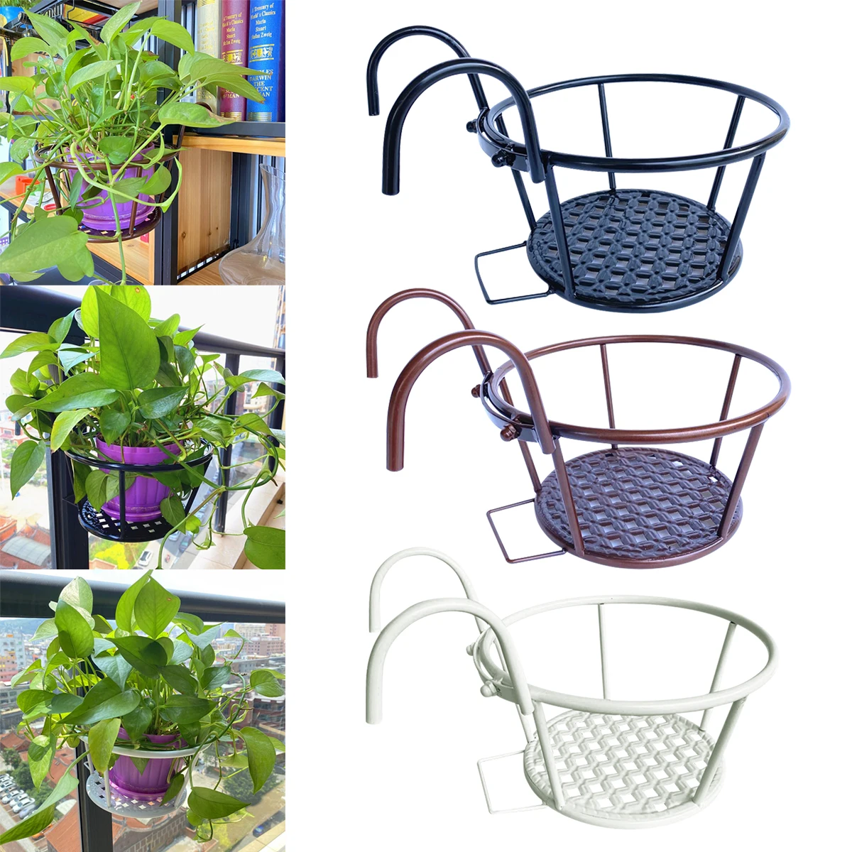 

Balcony Round Flower Pot Basket Iron Railing Fence Hanging Potted Plant Rack Planter Stand Holder Garden Decoration