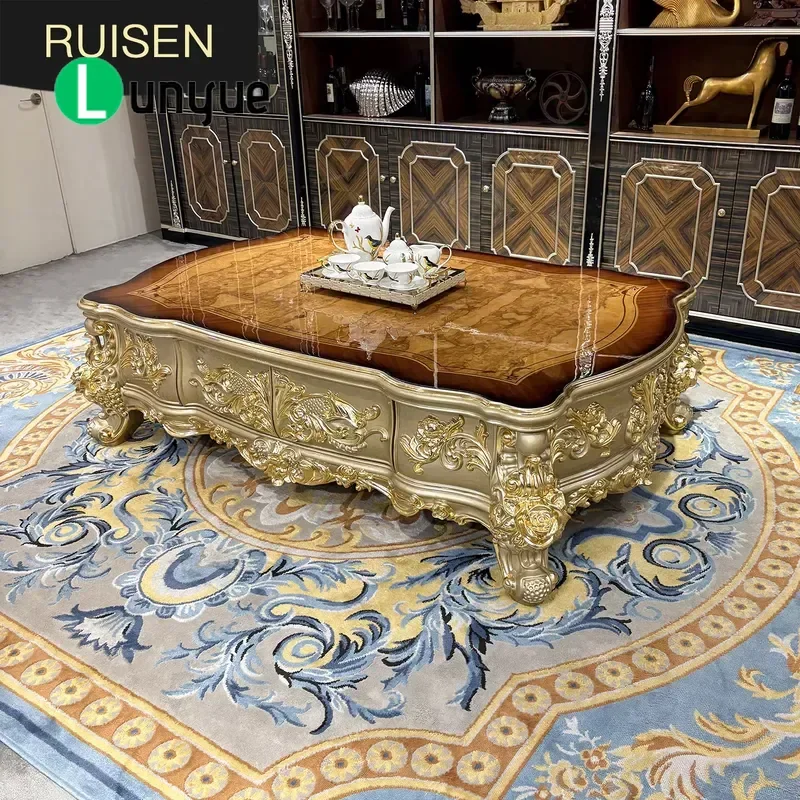 French Solid Wood Coffee Table European Luxury Carved Rectangular Neoclassical Living Room Furniture Durable Elegant Home