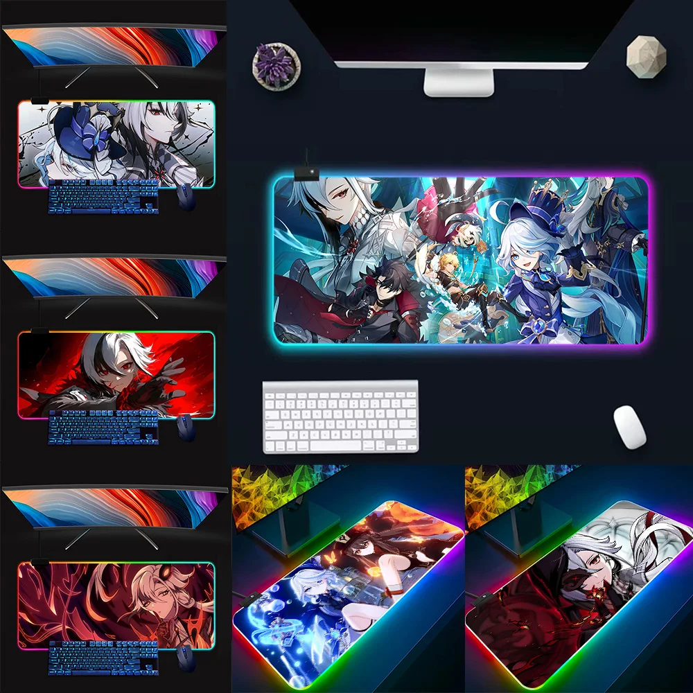 

Genshin Impact Arlecchino RGB Pc Gamer Keyboard Mouse Pad Mousepad LED Glowing Mouse Mats Rubber Gaming Computer Mausepad