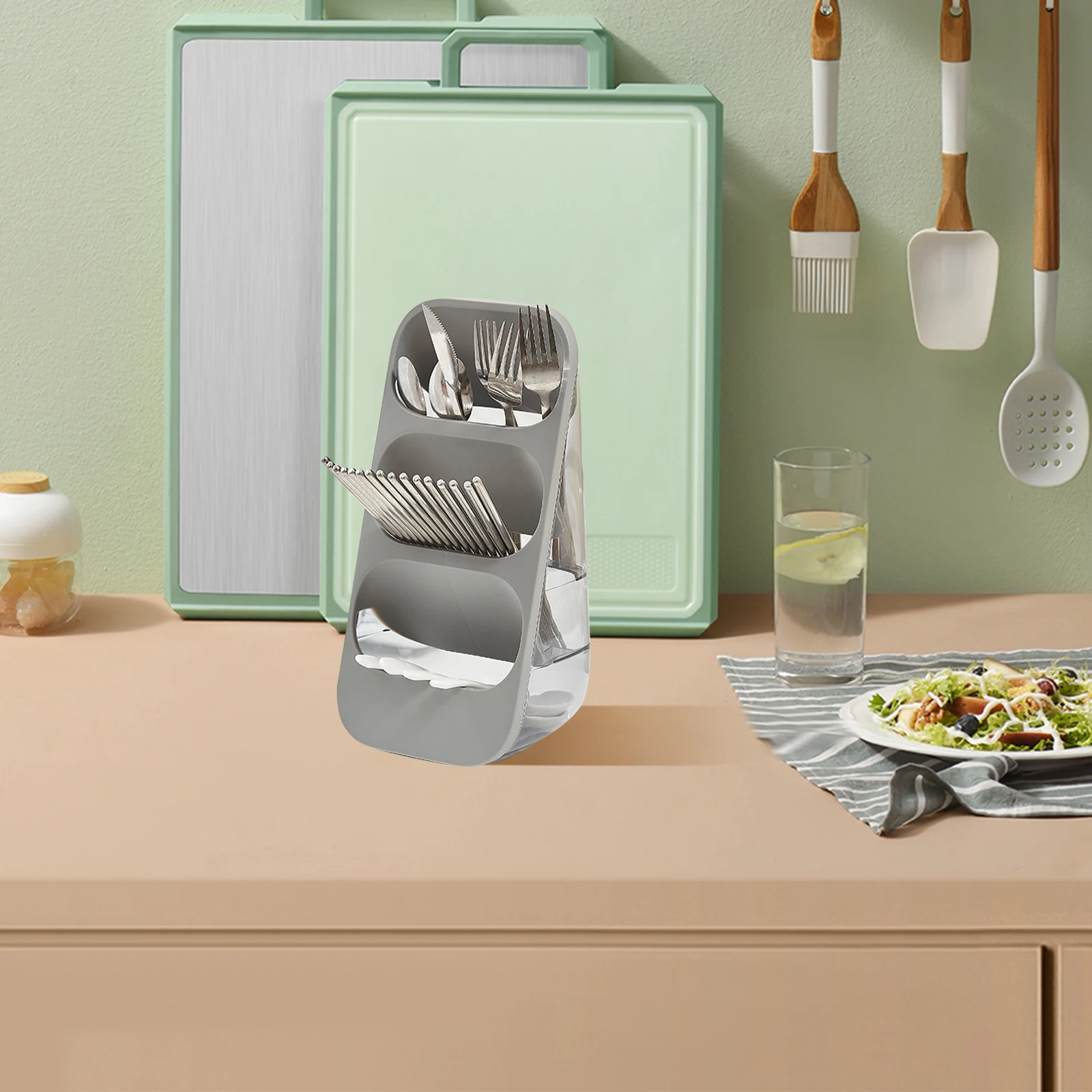 

3-Tier Large Capacity Compact Countertop Storage Rack Spoons Forks Chopsticks Pp Pet Material Easy Clean Sturdy Utensil For