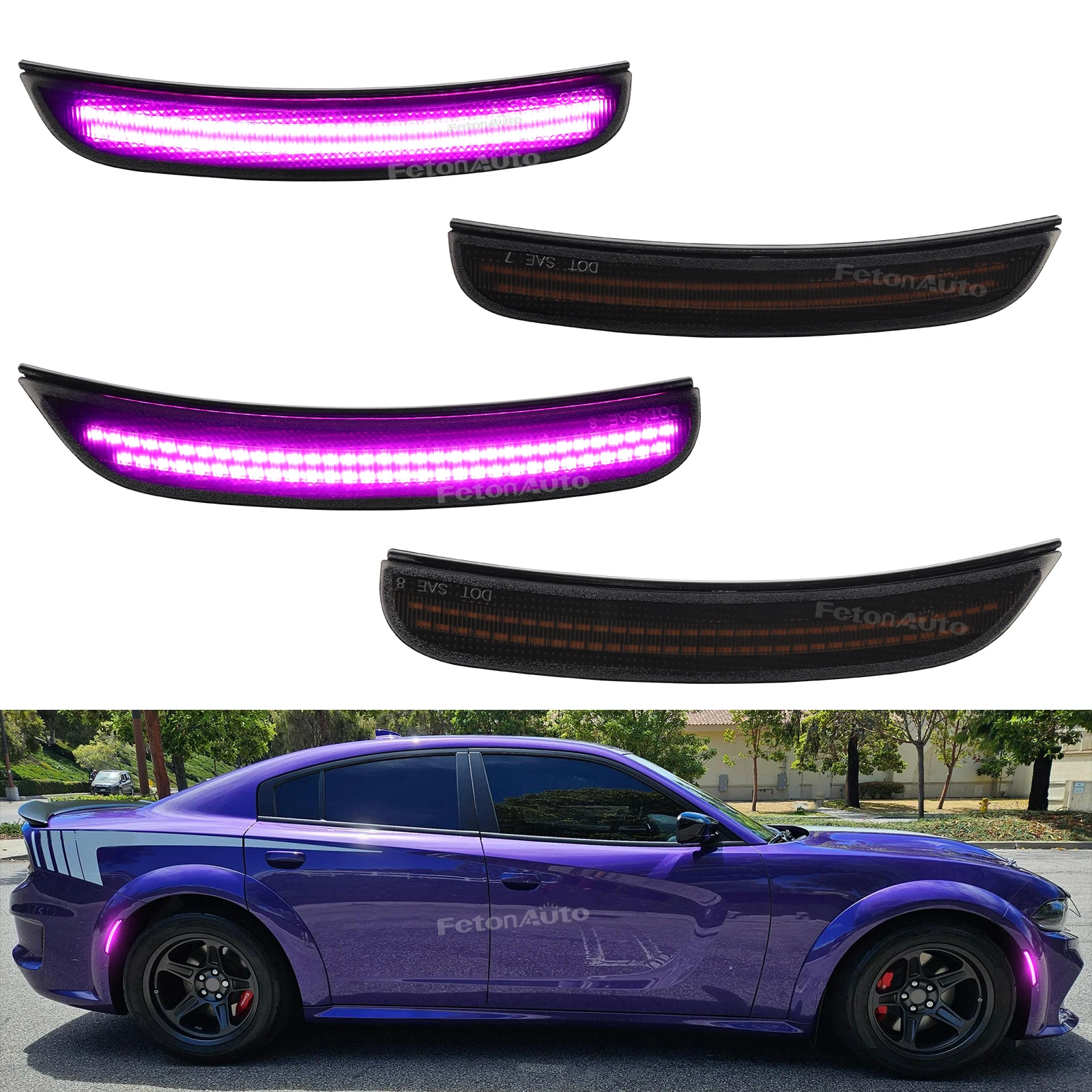 4x Pink Purple Lights Front Rear Bumper Turn Signals Side Marker Light Signal Indicator For Dodge Charger 2015-2023