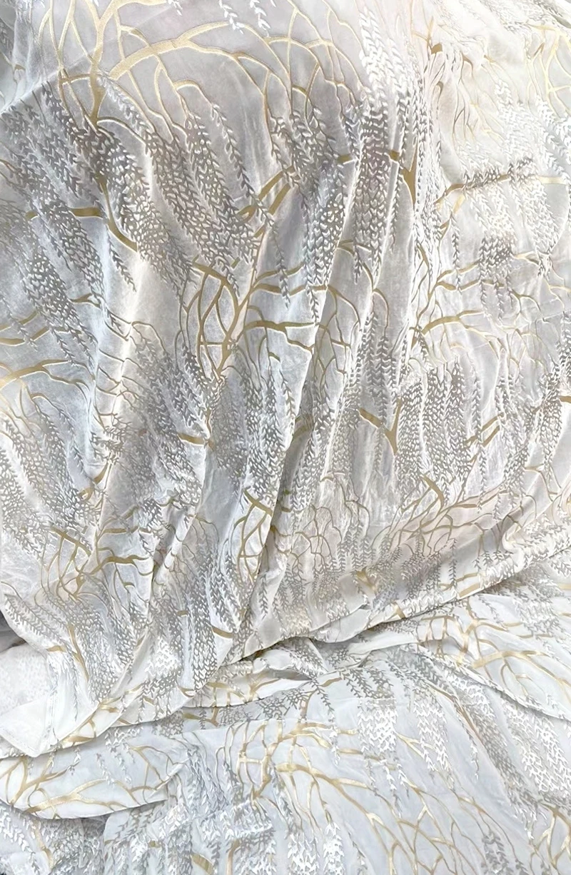 White Floral Gold stamping 40mm Real Silk Velvet Fabric High Quality Garment Materials Women Suits Dress DIY Sewing Cloth Tailor