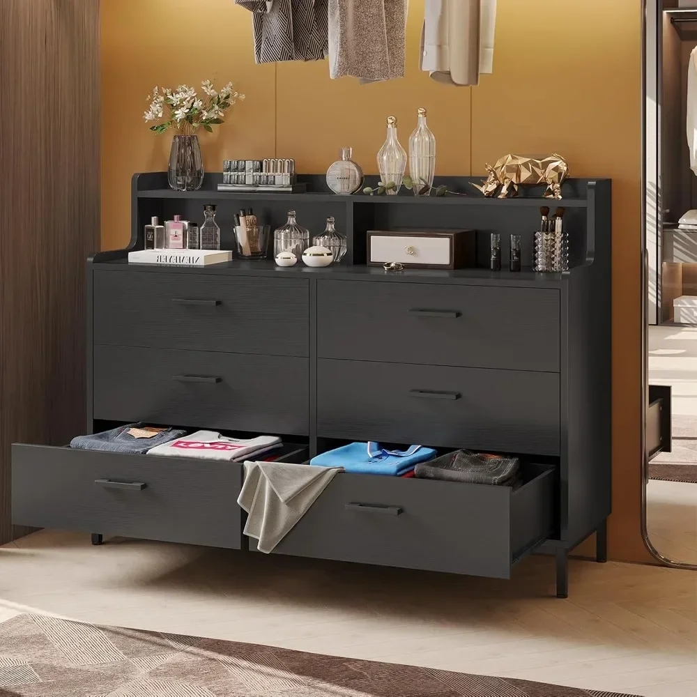 

6 Drawers Double Dresser with Shelves, Large Wooden Storage Tower Organizer Wide Chest of Drawers Black Dresser for Bedroom