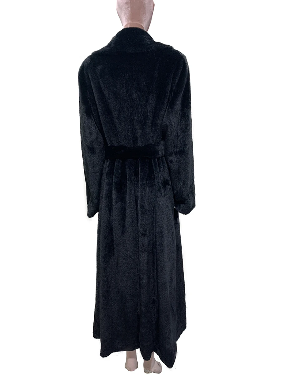 Autumn Winter Extra Long Thick Warm Soft Black Faux Fur Coat Women Shawl Collar Sashes Luxury Elegant Maxi Fluffy Overcoat 2025
