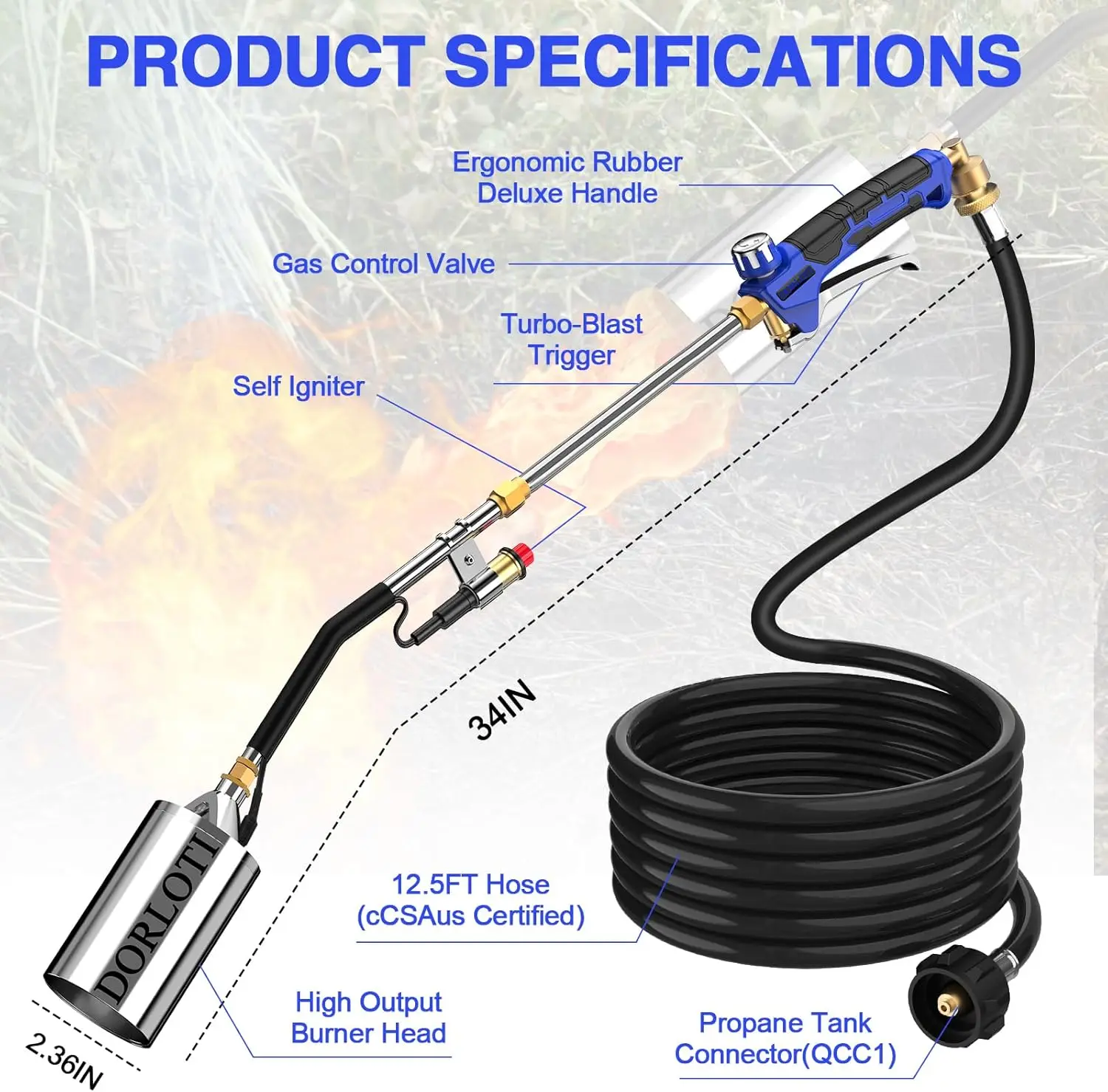 High-Output Propane Torch Kit with Self-Igniter & Turbo Trigger, 12.5FT Hose for Weeding, Roofing, Snow Melting