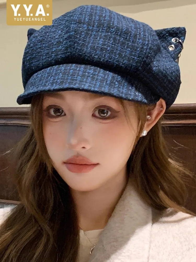 

Осенняя милая женская шляпа художника, винтажная восьмиугольная кепка в японском стиле, удобные повседневные клетчатые шапки, женские модные аксессуары