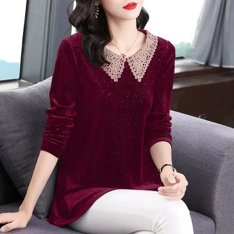 Middle-Aged Mother Long Sleeve T-Shirt Tops Large Size Doll Collar Women's Bottoming Shirt Spring Fall Thin Gold Velvet Tee Coat