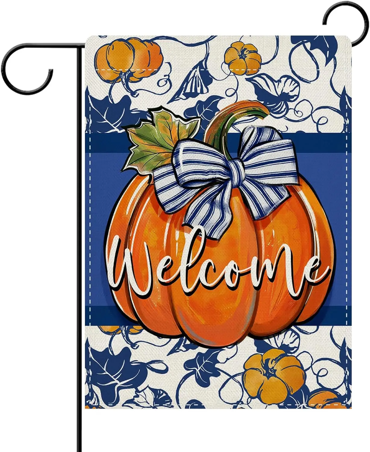 Dyrenson Welcome Fall Pumpkin Chinoiserie Decorative Garden Flag, Autumn Thanksgiving Blue and White Porcelain Yard Outside  UUN