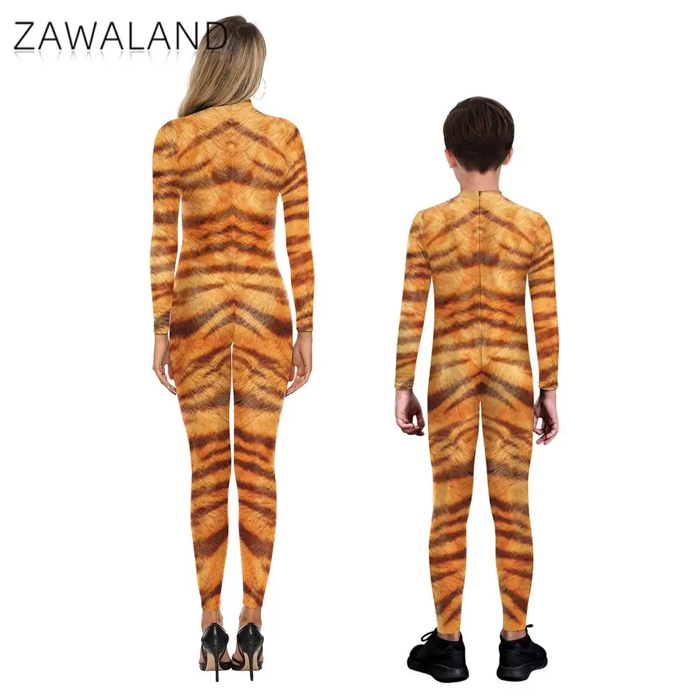 ZAWALAND Matching outfit 3D Leopard Printed Zentai Cosplay Costume genitore-figlio manica lunga Sexy body Spandex Catsuit