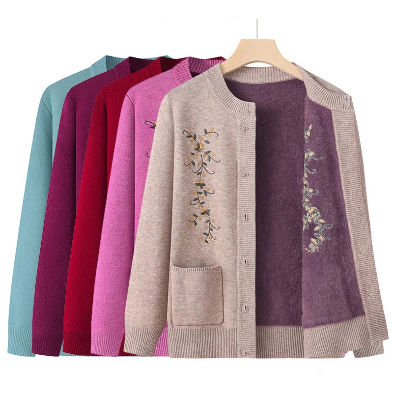 

Middle-age Women's Knitted Cardigan Coat Autumn Winter Fleece Thicken Sweater Jacket Embroidery Casual Top Mother Short Sweaters