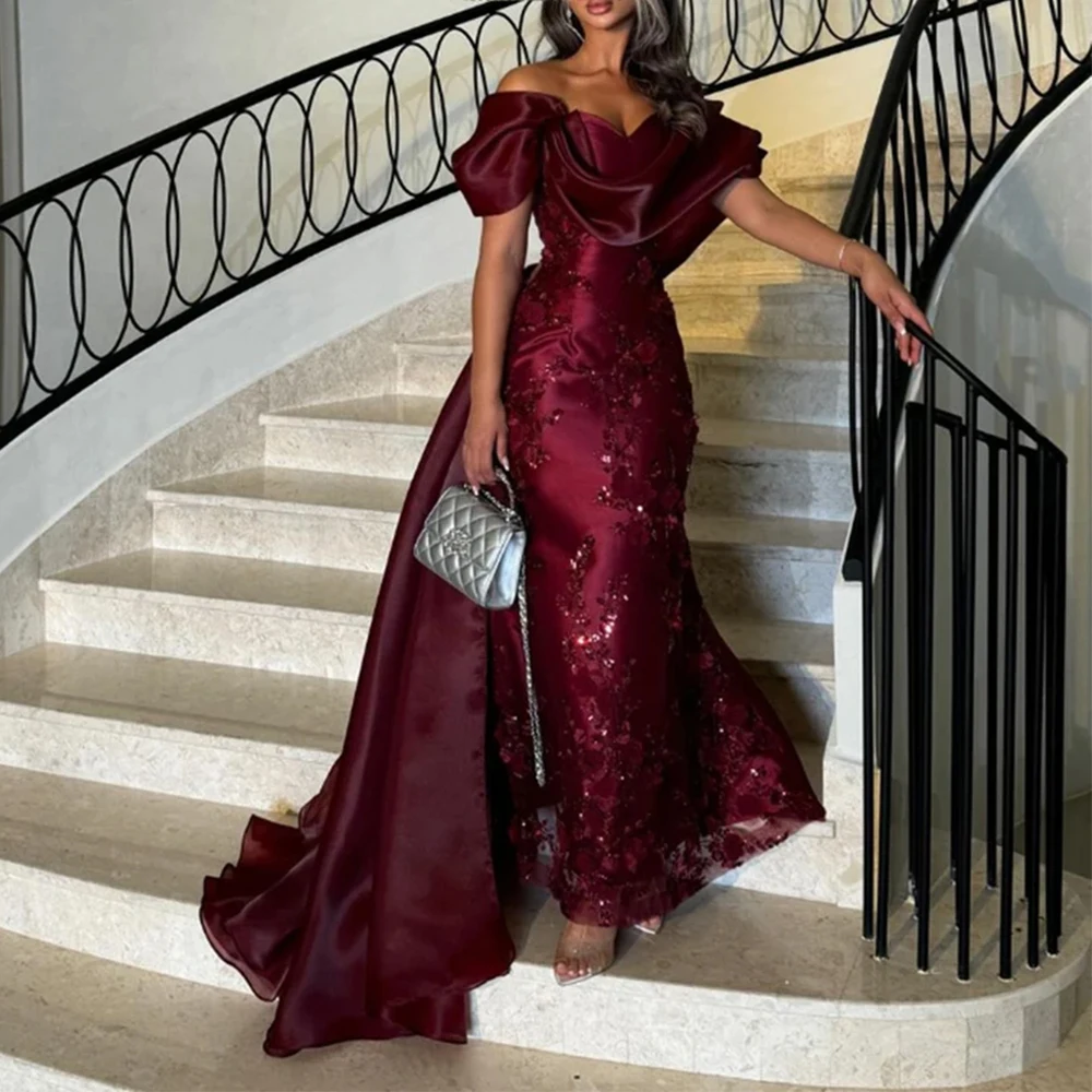 Flechazo Burgundy Mermaid Evening Dress Exquisite Applique Off the Shoulder with Sweep Train Customized Occasion Formal Gowns