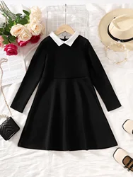 5-12 Years Children Girl Dress Doll Collar Black Long Sleeved Dresser Spring&Autumn Hepburn Style Fashion Clothes For Kids Girls