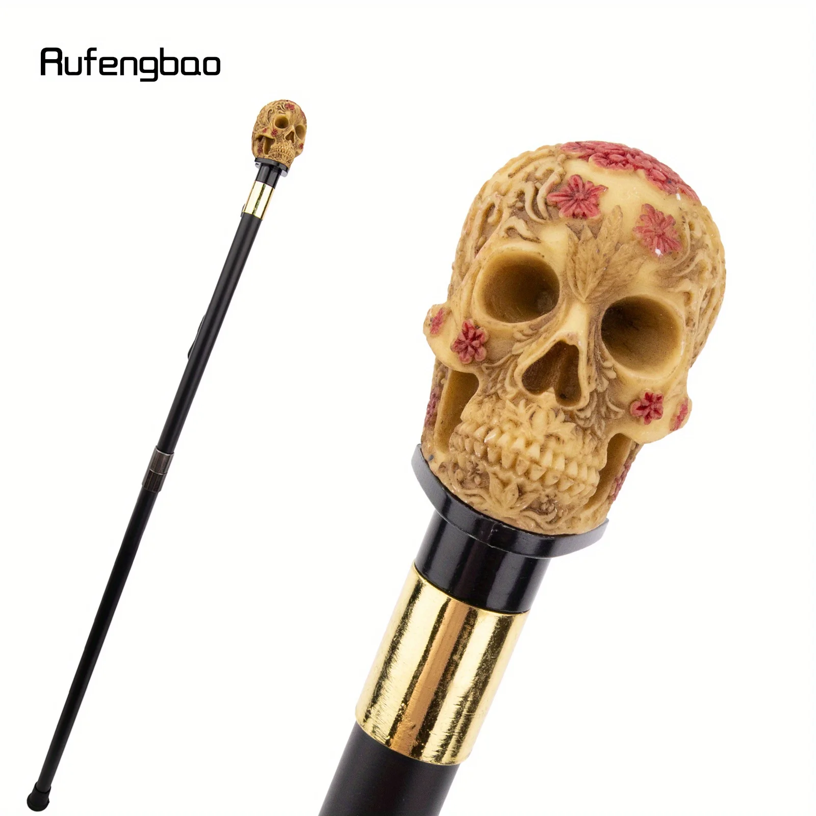 Orange Resin Skull Flower Walking Cane Fashion Decorative Stick Gentleman Cosplay Cane Knob Crosier Performance Stage Cane 92cm