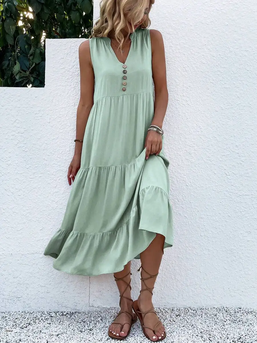 

Mint Green Sleeveless Button Detail Layered Hem Smock Maxi Dress Summer Beach Casual