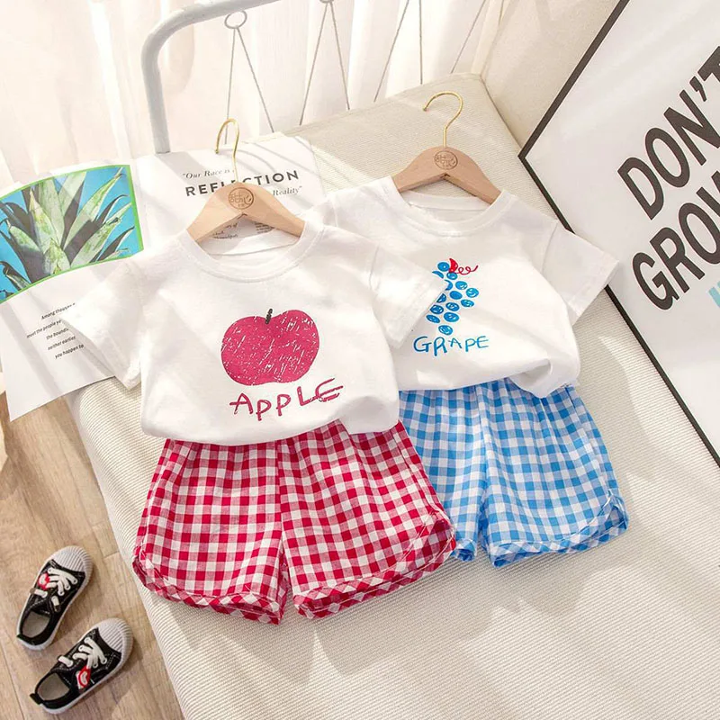 Baby Girls Clothes Sets Cute Fruit Print Short Sleeve+Plaid Shorts Toddler Summer Cotton T-Shirt Pant Set Outfits Kids Tracksuit