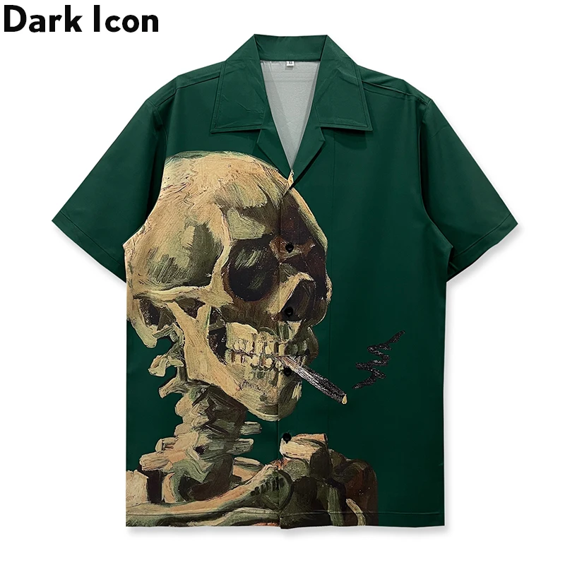 Dark Icon Skeleton Green Shirts Men Cuba Collar Retro Shirt Short Sleeve