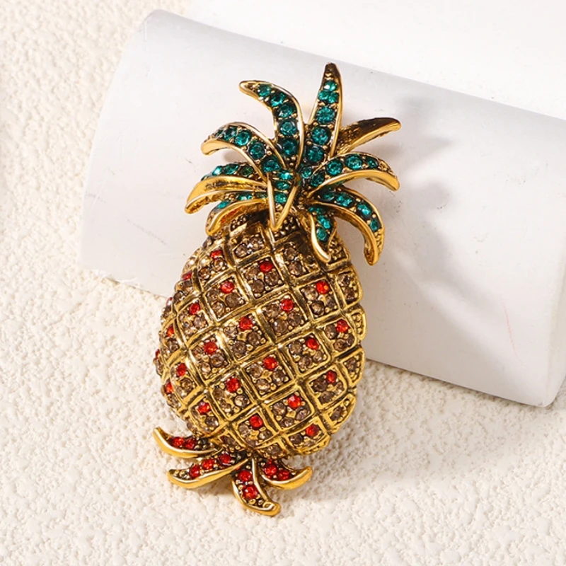 

Wuli&baby Vintage Yellow Pineapple Brooch With Red Crystal Body Green Enamel Leaf Jewelry Accessory Gift
