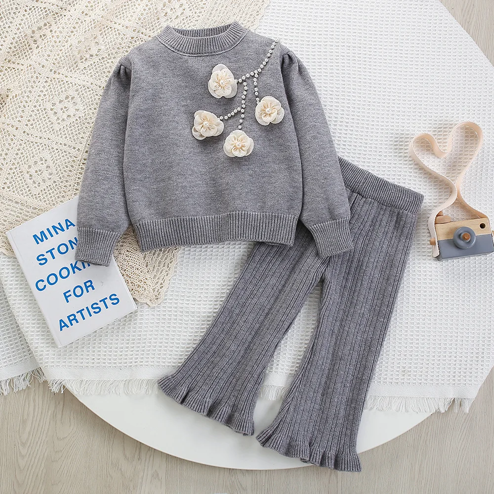 

2025 Autumn Baby Girls Sweater Suit Knitted 3d Flowers Top Pullover and Skirts Baby 2pc Clothes Set Children Set