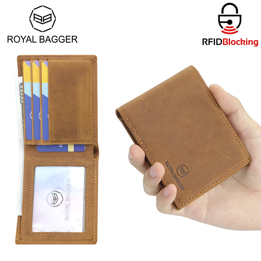 Royal Bagger RFID Vintage Short Wallets, Genuine Leather Card Holder, Simple Thin Bifold Male Wallet 1835